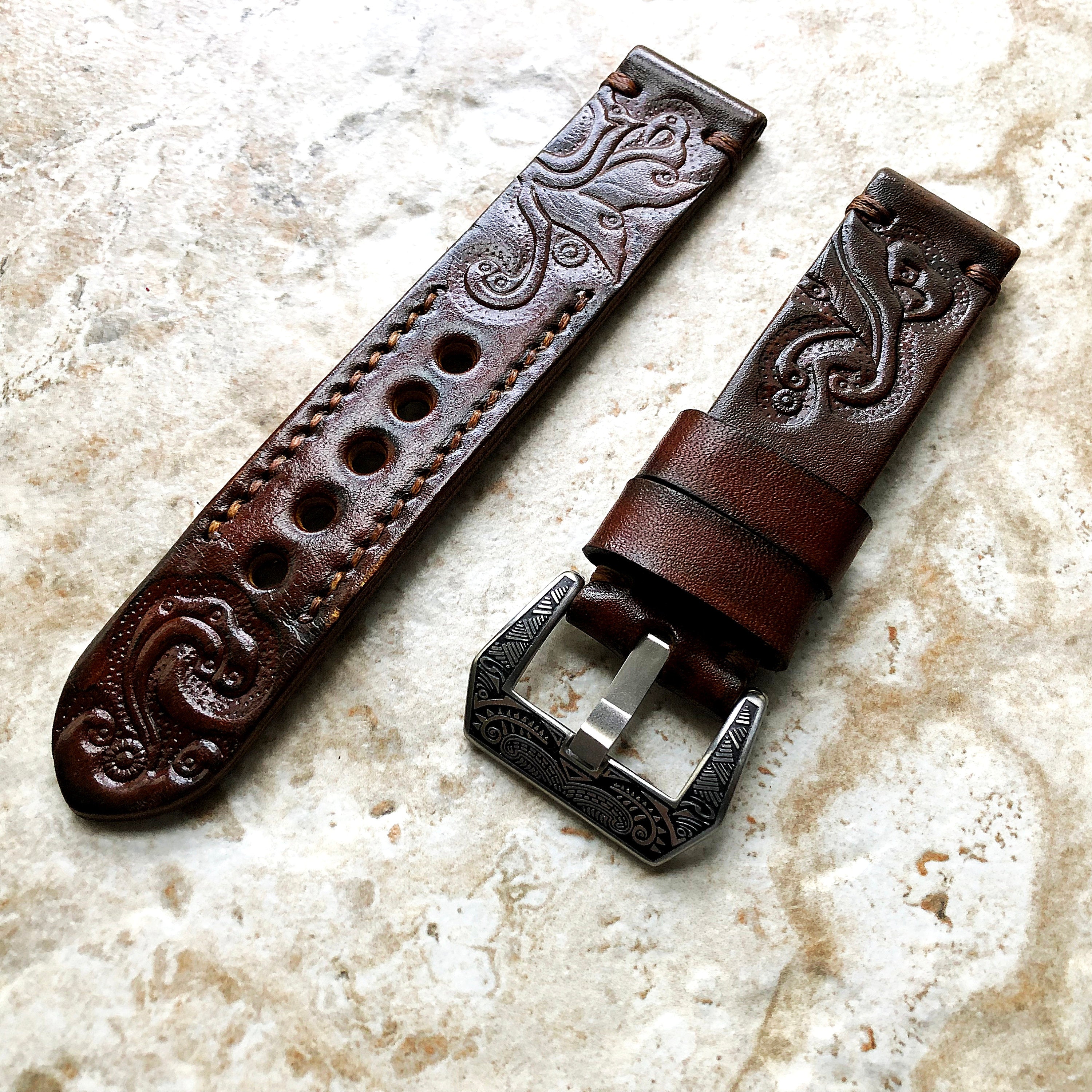 Brown Color Band 22mm 24mm 25mm Compatible with Apple Watch Fitbit Versa 2 3 4 Sense 2 Ionic Embossed Tooled Real Leather Handmade Strap